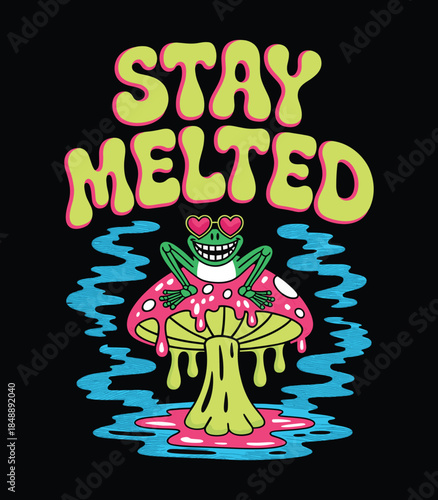 Psychedelic Frog on Melting Mushroom Pixel Art | Stay Melted Retro Design t shirt design