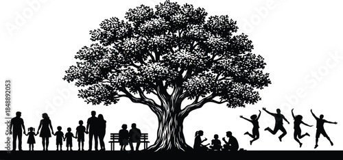 Large oak tree silhouette in park with walking family, couple on bench, picnic scene, and happy people jumping joyfully.