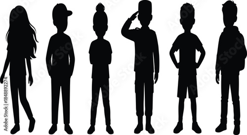 Set of black silhouettes depicting standing teenagers, girl with long hair, boy with cap, soldier saluting, and student with backpack.