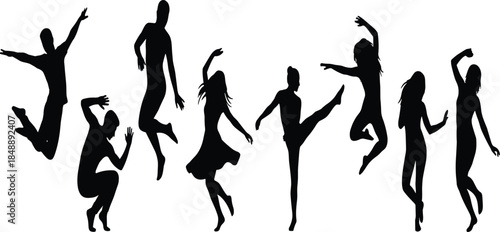 Set of black silhouettes showing happy people jumping and dancing, energetic young men and women active poses isolated on white.