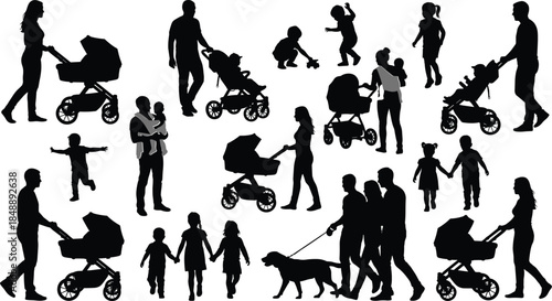 Large vector set of family silhouettes, parents walking with baby strollers, mothers holding babies, children playing, and walking dog.