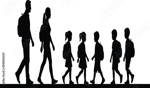 Vector silhouette of parents and five children walking with backpacks, large family going to school or hiking, isolated on white.