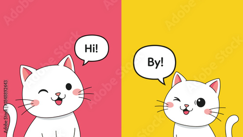 Cute White Cats with Speech Bubbles Saying Hi and By
