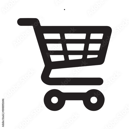 Sleek black shopping cart icon for e-commerce and digital retail. Represents online purchasing, adding items to a virtual basket, and consumer transaction initiation