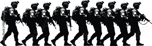Military soldiers silhouette, army patrol, rifle squad, battlefield teamwork, combat readiness, war zone, tactical unit, defense force, marching formation, discipline