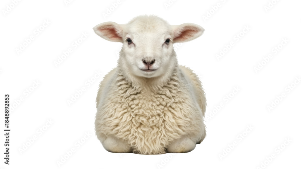 Fototapeta premium Isolated Baby Lamb Resting Posing, Cute Little Farm Animal With Wooly Fur, Gentle Lambkin