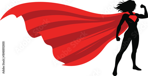 Powerful female superhero silhouette with red cape symbolizing strength confidence leadership feminism empowerment comic style vector illustration, modern flat design