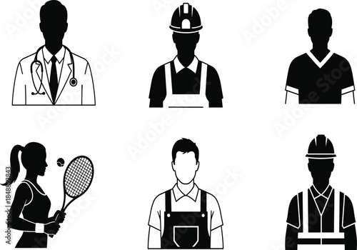 Professional occupation silhouettes collection including doctor engineer athlete worker technician diverse careers icons isolated on white background vector illustration