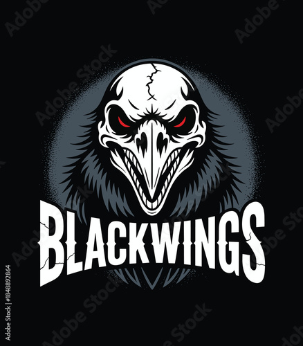 Blackwings Raven Skull Logo Emblem. Dark Bird Design with Red Eyes t shirt design