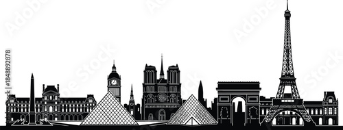 Paris skyline silhouette vector illustration, famous French landmarks including Eiffel Tower Louvre Arc de Triomphe Notre Dame, travel cityscape design