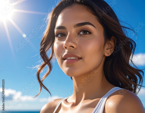 Radiant woman smiles against a sunny sky, her dark hair flowing in the breeze