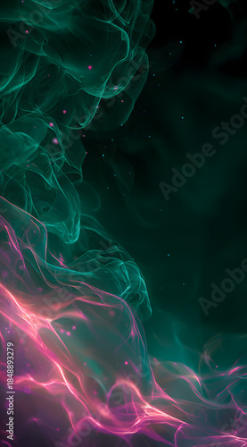 dark green and pink neon smoke swirls creating a captivating glowing abstract background