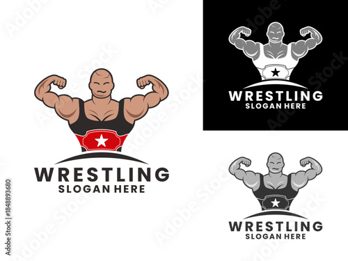 Big muscled wrestling athlete wins champion logo design vector