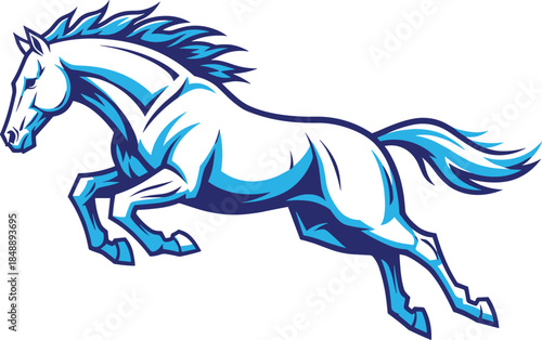 Stylized blue white running horse mascot logo illustration, dynamic racing stallion vector icon for sports branding design, modern creative identity