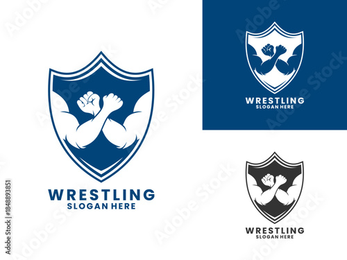 sport wrestling with shield logo design vector template