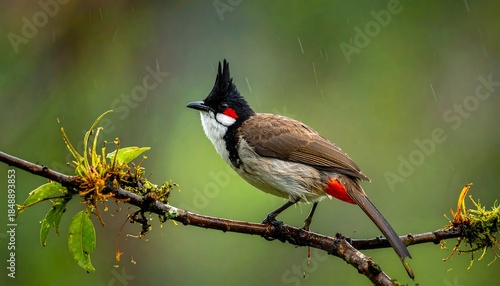 Red-whiskered bulbul perches on a mossy branch amidst greenery under rain