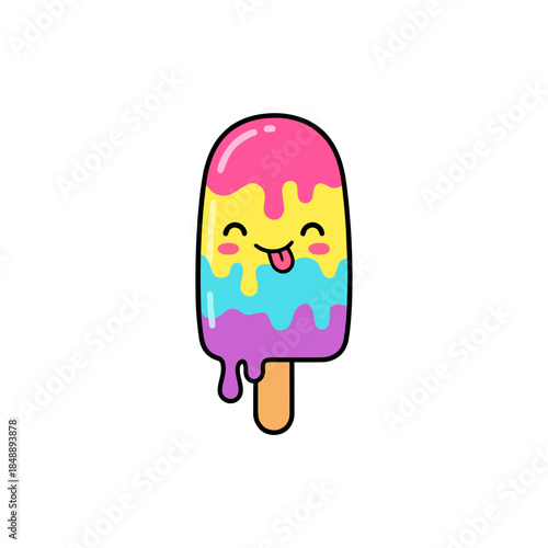 Delightful vector illustration of a cheerful, melting cartoon popsicle, bursting with vibrant colors and a playful happy face, embodying the joy of summer and sweet indulgences
