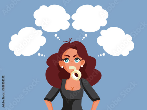 Woman Being Silenced Having Many Thoughts Vector Cartoon Illustration. Lady suppresses what she wants to say because of self-censorship
