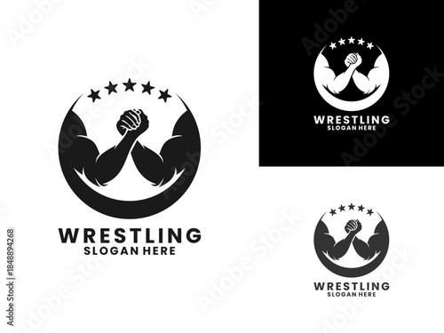 Strong wrestling athlete with Hands and stars logo design vector template