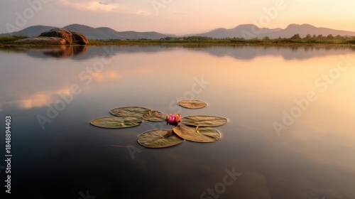 The sunset sets, the river is calm, and the soft golden light shines on the surface of the water. In the distance, a cluster of floating lotus leaves floats in the quiet water of the mountains