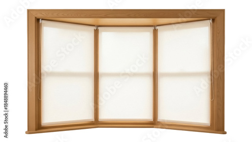 Isolated Bay window interior detail, modern wooden frame, natural light, privacy blinds, home décor