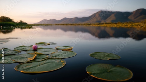The sunset sets, the river is calm, and the soft golden light shines on the surface of the water. In the distance, a cluster of floating lotus leaves floats in the quiet water of the mountains