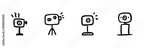Webcam Line Icon Set In Doodle Style. Video Communication, Streaming, And Online Conferencing Outline Sketch Collection. Hand Drawn Isolated Vector Illustration