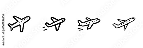 Airplane Line Icon Set In Doodle Style. Aviation, Travel, And Transportation Outline Sketch Collection. Hand Drawn Isolated Vector Illustration