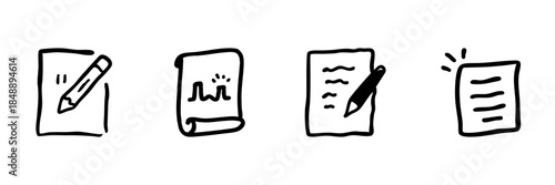 Pencil And Paper Line Icon Set In Doodle Style. Writing, Note-Taking, And Document Creation Outline Sketch Collection. Hand Drawn Isolated Vector Illustration