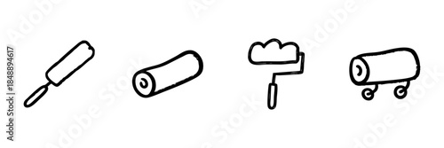 Paint Roller And Foam Roller Line Icon Set In Doodle Style. Painting Tools And Exercise Equipment Outline Sketch Collection. Hand Drawn Isolated Vector Illustration