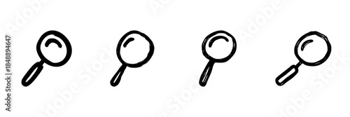 Magnifying Glass Line Icon Set In Doodle Style. Search, Exploration, And Investigation Outline Sketch Collection. Hand Drawn Isolated Vector Illustration