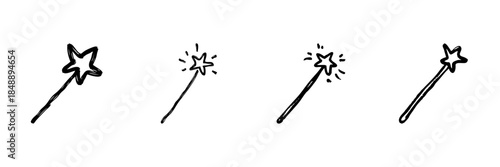 Magic Wand Line Icon Set In Doodle Style. Enchantment, Fantasy, And Wizardry Symbol Outline Sketch Collection. Magical Tool For Spells And Illusions. Hand Drawn Isolated Vector Illustration