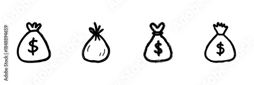 Money Bag Line Icon Set In Doodle Style. Financial Savings, Wealth Accumulation, And Investment Outline Sketch Collection. Economic Growth Symbols. Hand Drawn Isolated Vector Illustration
