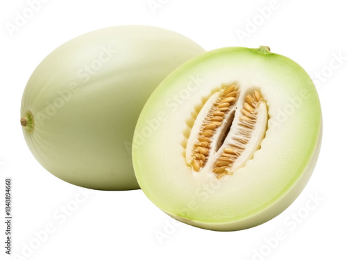 Isolated honeydew melon, one whole, one half showing seeds, ready to eat, healthy dessert