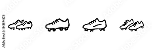 Soccer Cleats Line Icon Set In Doodle Style. Sports Footwear, Soccer Equipment, And Athletic Gear Outline Sketch Collection. Hand Drawn Isolated Vector Illustration