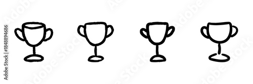 Trophy Cup Line Icon Set In Doodle Style. Achievement, Success, And Award Recognition Outline Sketch Collection. Hand Drawn Isolated Vector Illustration