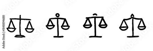 Scales Of Justice Line Icon Set In Doodle Style. Legal Balance, Fairness, And Equality Representation Outline Sketch Collection. Hand Drawn Isolated Vector Illustration