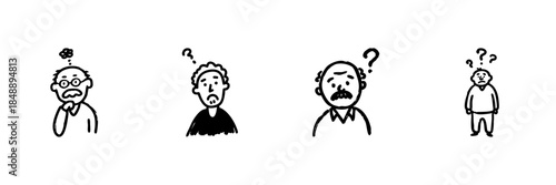 Confused People With Question Marks Line Icon Set In Doodle Style. Uncertainty, Puzzlement, And Inquiry Expression Outline Sketch Collection. Hand Drawn Isolated Vector Illustration