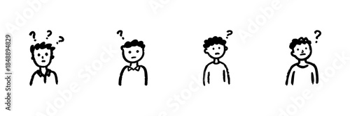 Confused People With Question Marks Line Icon Set In Doodle Style. Uncertainty, Curiosity, And Problem-Solving Outline Sketch Collection. Hand Drawn Isolated Vector Illustration
