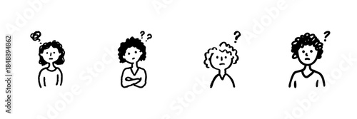 Confused People With Question Marks Line Icon Set In Doodle Style. Curiosity, Uncertainty, And Problem-Solving Outline Sketch Collection. Hand Drawn Isolated Vector Illustration
