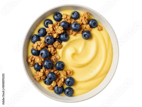 Canvastavla Isolated bowl of vanilla pudding topped with fresh blueberries and granola for b