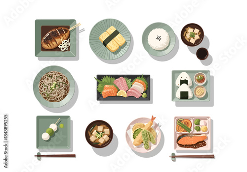 Assortment of Japanese dishes and side items displayed from a topdown perspective