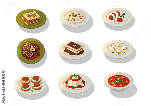 Nine isometric dishes of Italian food arranged in a threebythree grid