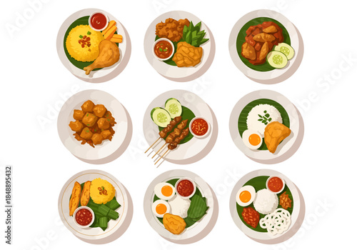 Nine overhead views of various Indonesian dishes served on white plates