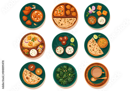 Nine overhead views of various Indian food dishes on plates