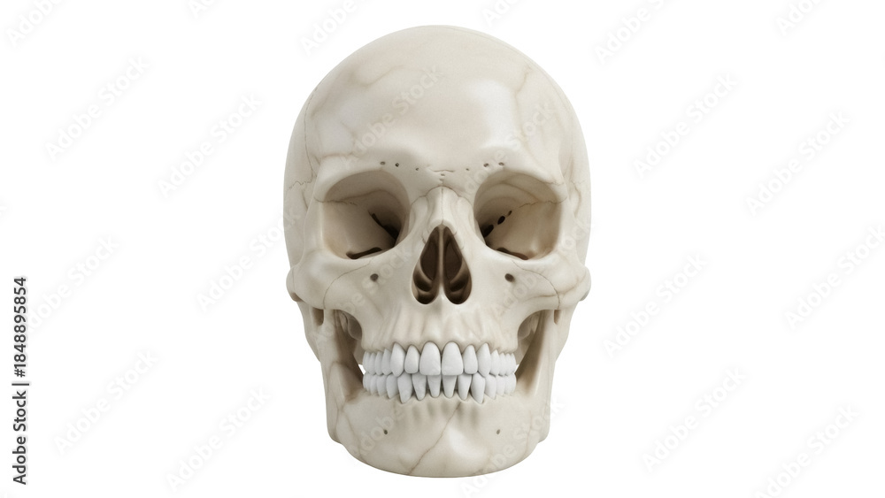 Fototapeta premium Human skull isolated PNG on transparent background, anatomical model for medical study and Halloween decoration, bone structure and teeth