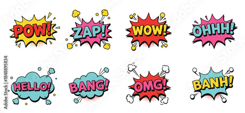 collection of nine comic book style speech bubbles with