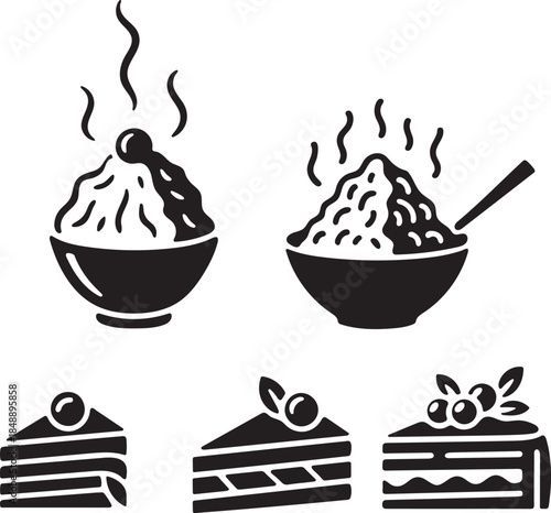 Delicious dessert and comfort food icon set featuring hot bowls and sweet cake slices