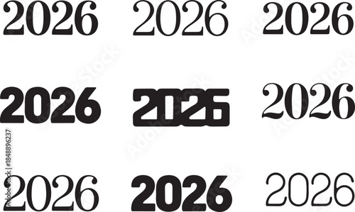Various typographic styles of the year 2026 displayed on a clean white background