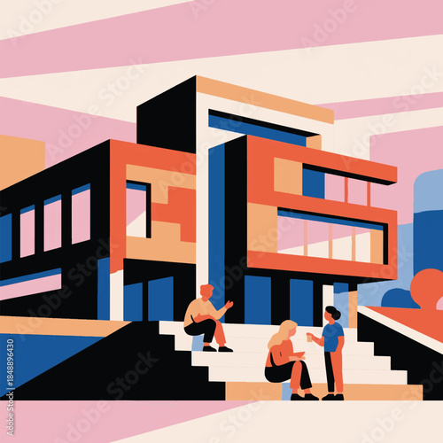 Illustration Of Students Sitting On The School Stairs While Chatting Vector Design Template